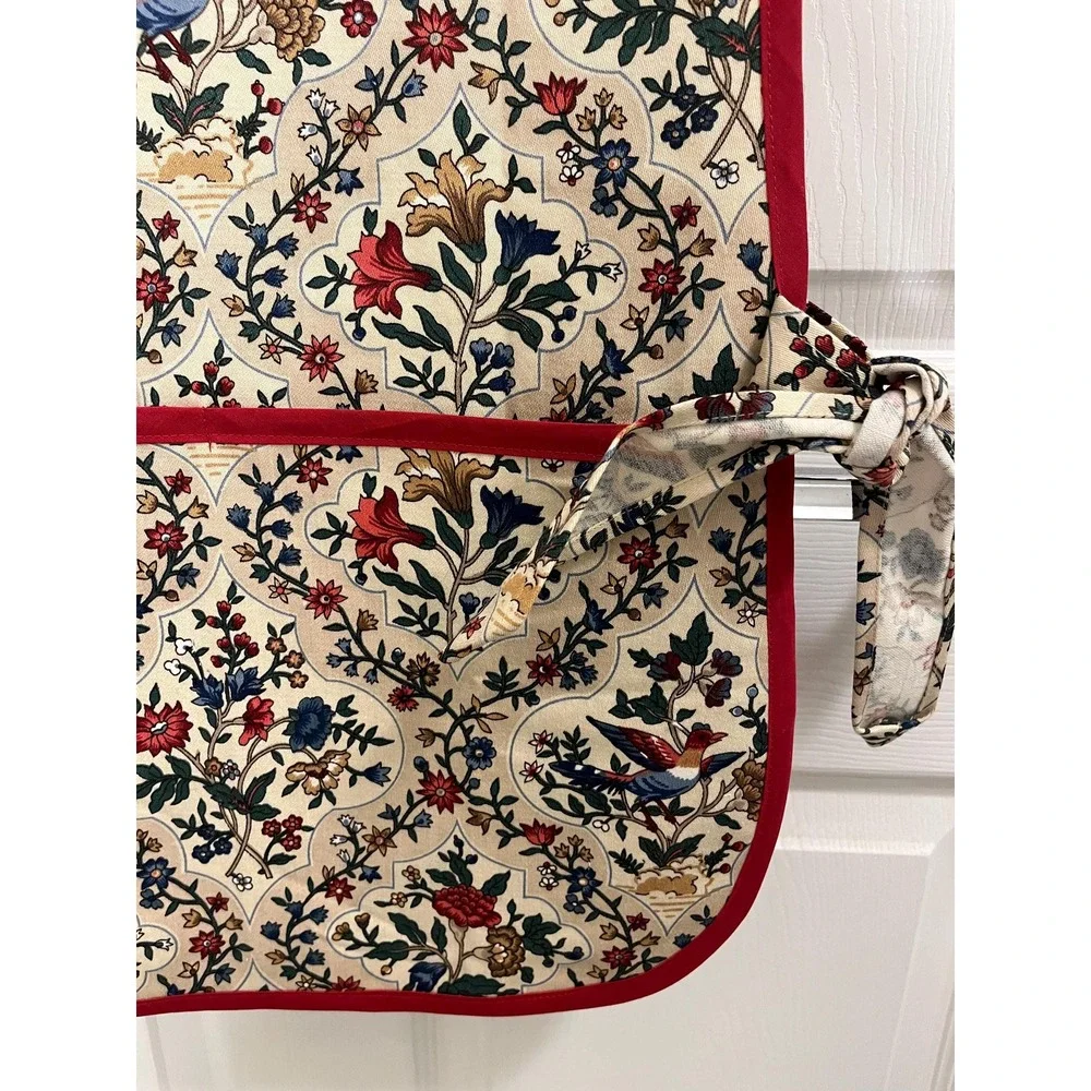Red Blue Floral Bird Side Tie Apron, Handcrafted Kitchen Linen